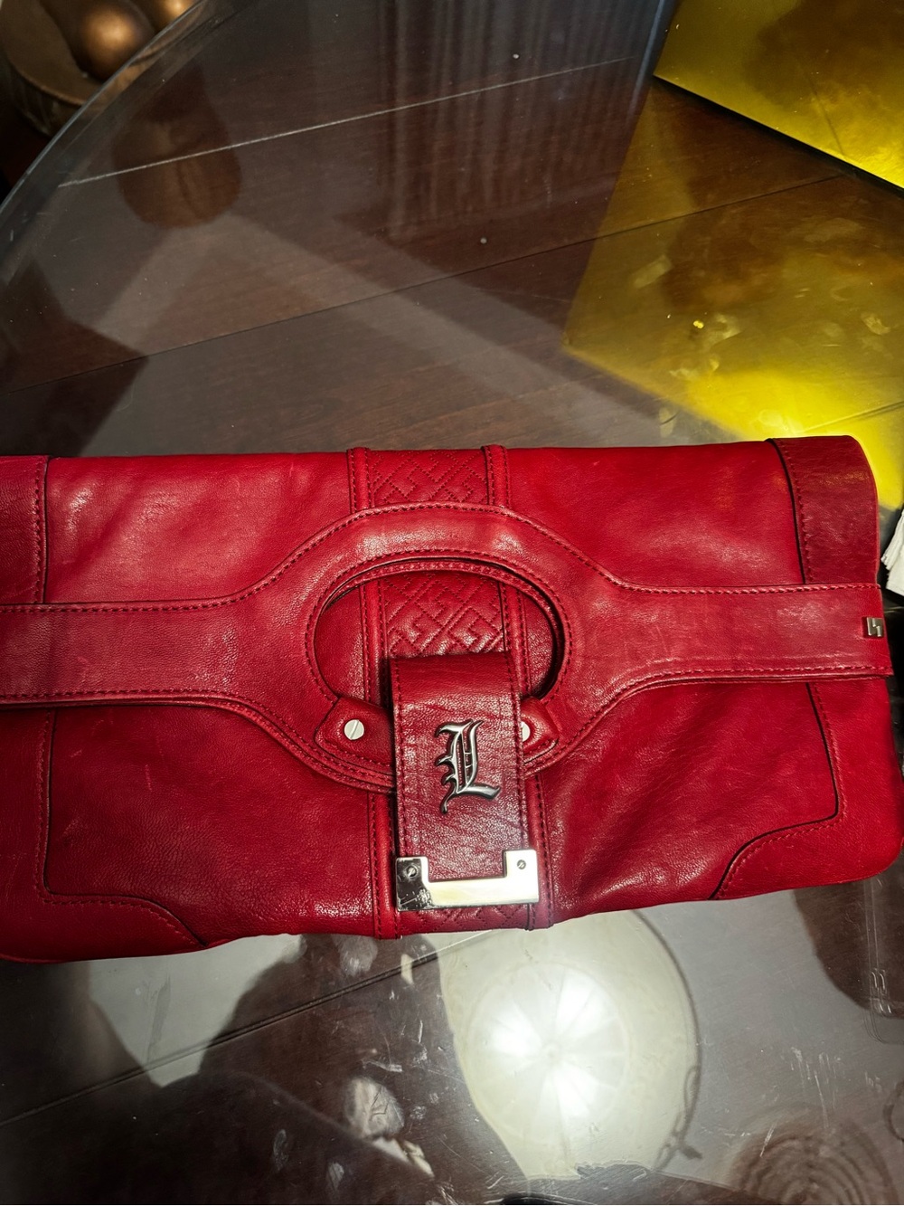 L.A.M.B. Red Leather Fold-Over Clutch with 'L' Metal Accent